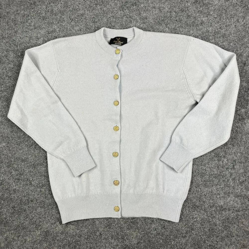 Scots Regal Cardigan Womens‎ L White Lambswool Scotland Gold Button Vintage